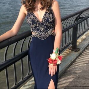 Embellished Prom Navy Gown w Slit